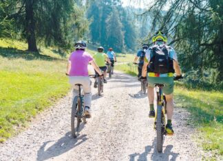 Mountainbiker beim Fahren auf einem Waldweg.