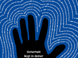 Eine Hand mit "Sicherheit liegt in deiner Hand". Das Logo des KFV ist in der rechten unteren Ecke. Unten links steht "Tätigkeitsbericht KFV 2023 www.kfv.at"