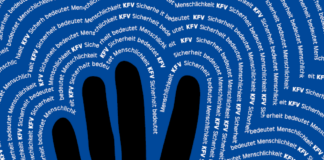 Eine Hand mit "Sicherheit liegt in deiner Hand". Das Logo des KFV ist in der rechten unteren Ecke. Unten links steht "Tätigkeitsbericht KFV 2023 www.kfv.at"