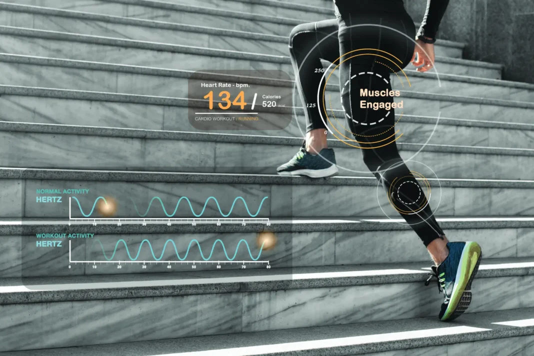 Person läuft eine Treppe hoch, Fitnessdaten werden eingeblendet