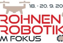 Das Logo der Veranstaltung Drohnen & Robotik im Fokus mit einer stilisierten Drohne und einem Roboter-Arm. 18.-20.9.2025