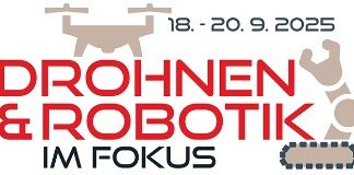 Das Logo der Veranstaltung Drohnen & Robotik im Fokus mit einer stilisierten Drohne und einem Roboter-Arm. 18.-20.9.2025