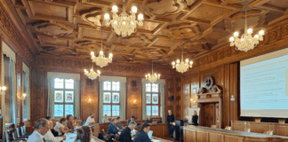 Teilnehmende einer Tagung auf mehreren Bänken in einem Vortragssaal sitzen. Der Saal ist prunkvoll mit schönen Lustern und einer kunstvollen Decken-Verzierung.