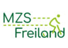 Ein Logo mit dunkelgrüner Schrift "MZS Freiland" und einem hellgrünen Radfahrenden.