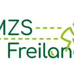 Ein Logo mit dunkelgrüner Schrift "MZS Freiland" und einem hellgrünen Radfahrenden.