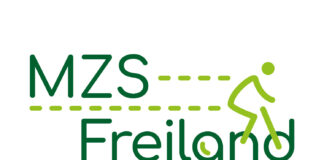 Ein Logo mit dunkelgrüner Schrift "MZS Freiland" und einem hellgrünen Radfahrenden.