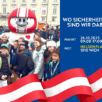 Veranstaltungshinweis: HELMI beim Nationalfeiertag 2025! HELMI in einer Menge von Kindern auf dem Heldenplatz in Wien. Der Bildtext: Wo Sicherheit ist, sind wir dabei. Wann? 26.10.2025, 09:00-17:00 Uhr, Wo? Heldenplatz, 1010 Wien