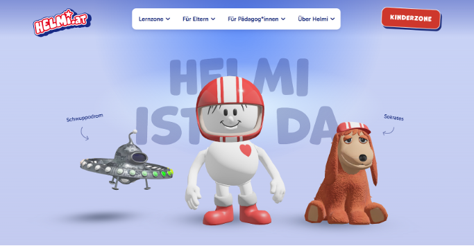 Das neue Design der Webseite von HELMI: Blauer Hintergrund mit dem Schriftzug "HELMI ist da", die digitalisierten HELMI, Sokrates und das Schwuppodrom mit dem Pfad der Webseite darüber.