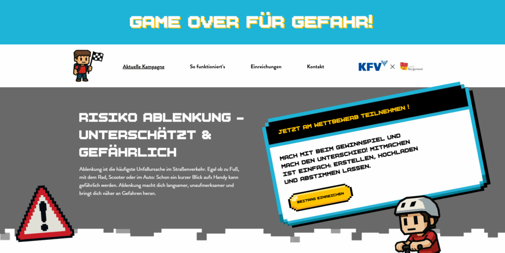 Ein Screenshot der Kampagnen-Seite "sei-nicht.org" mit dem Slogan "Game over für Gefahr". Jugendliche werden hier im pixeligen Videospiel-Stil zum Mitmachen gegen Ablenkung aufgerufen.