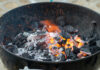 In einem Kugelgrill sieht man lodernde Grillkohle und Flammen.