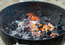 In einem Kugelgrill sieht man lodernde Grillkohle und Flammen.