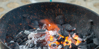 In einem Kugelgrill sieht man lodernde Grillkohle und Flammen.