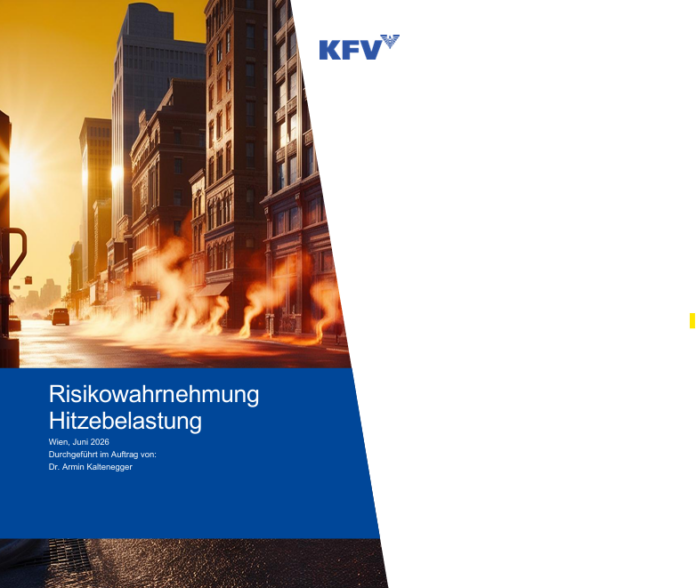 Das Titelbild des Berichts zur RIsikowahrnehmung Hitzebelastung mit einem KI-generierten Bild eines Gebäudes. Aus dem Asphalt am Boden lodern Flammen.
