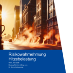 Das Titelbild des Berichts zur RIsikowahrnehmung Hitzebelastung mit einem KI-generierten Bild eines Gebäudes. Aus dem Asphalt am Boden lodern Flammen.