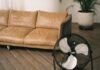 Eine beige Couch neben einer Topfpflanze und einem Ventilator. Im Hintergrund sind Schatten eines Fensters durch die Sonneneinstrahlung zu sehen.