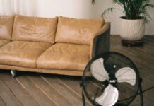 Eine beige Couch neben einer Topfpflanze und einem Ventilator. Im Hintergrund sind Schatten eines Fensters durch die Sonneneinstrahlung zu sehen.