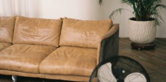 Eine beige Couch neben einer Topfpflanze und einem Ventilator. Im Hintergrund sind Schatten eines Fensters durch die Sonneneinstrahlung zu sehen.