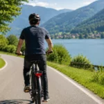 Radfahrer auf einer Landstraße entlang eines Sees mit Bergen im Hintergrund