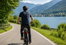 Rapex-Meldung: Fahrradhelm der Marke WildSide Radfahrer auf einer Landstraße entlang eines Sees mit Bergen im Hintergrund