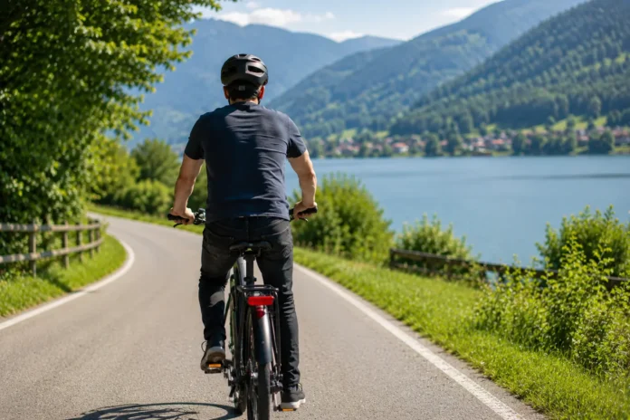 Radfahrer auf einer Landstraße entlang eines Sees mit Bergen im Hintergrund